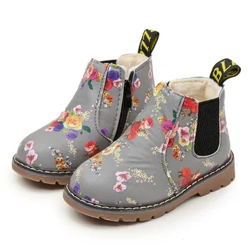 

2018 new children's printed Martin boots winter children's clothing girls flat with warm boots PU snow boots girls boots Zip