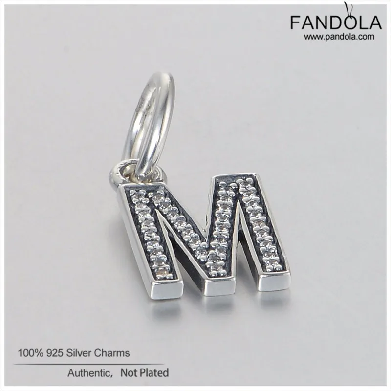 

Silver Letter M Pendant Charms Fits Brand Bracelet Necklace Charm Bead 925 Sterling Jewelry Clear CZ Fits DIY Women Bracelets