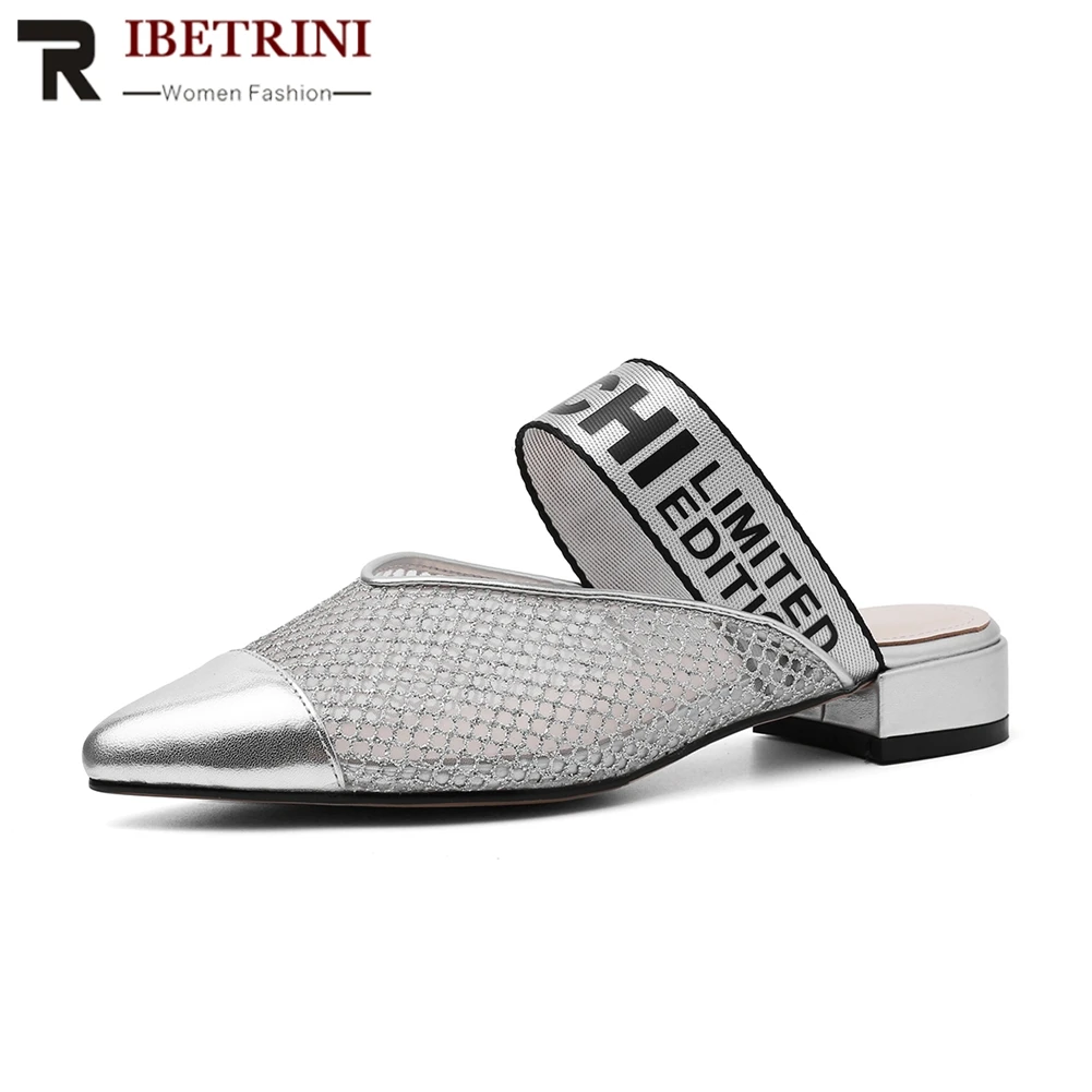 

RIBETRINI 2019 Brand Summer Street Mesh Mules Women Pointed Teo Cow Leather Shoes Slippers Women Shoes Woman Large Size 33-43