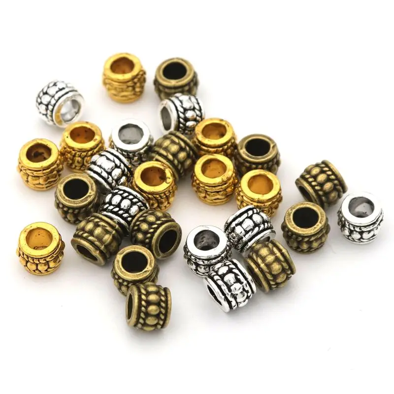 50pcs Big Hole Antique Gold Silver Bronze Tube Metal Loose Spacer Beads