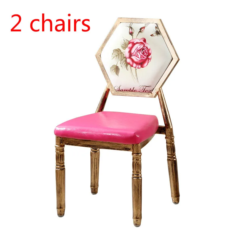 

2pcs European Retro Chair with Cartoon Printed Backrest Iron+ PU Dining/Makeup Stools Stylish Nail Chairs Soft Sponge Cushion