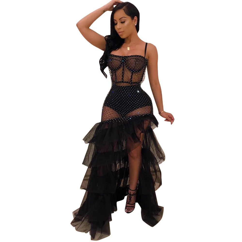 

2019 women new sexy party top side split cascade ruffles knit Hollow out maxi dress club night sleeveless dresses LD8324