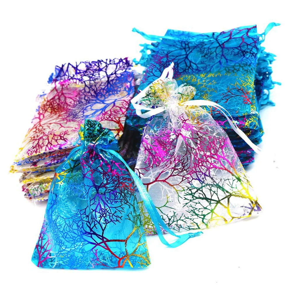 

100 PCS 9x12CM Coral Pattern Drawstring Organza Bags for Wedding Favour Bags Jewellery Pouches(White+color)