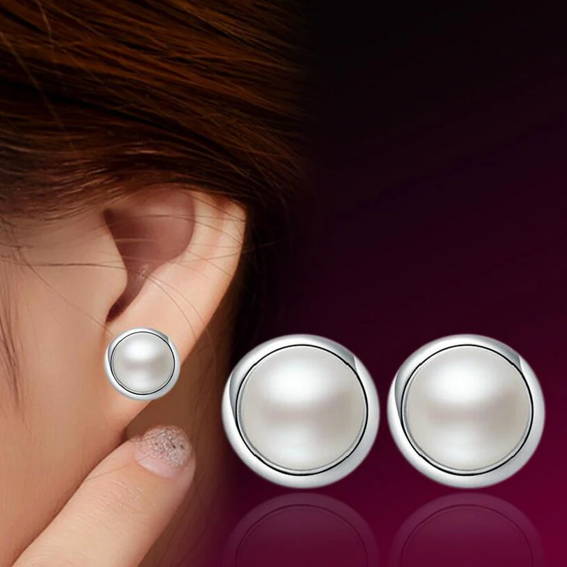 

Silver White Color Simple Imitation Pearl Ball Style Stud Earrings for Women Simple Half Round Imitation Pearl Earrings