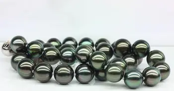 

Free Shipping Huge 18"12-13mm Tahitian genuine black peacock green round pearl necklace AA+ (09.08)