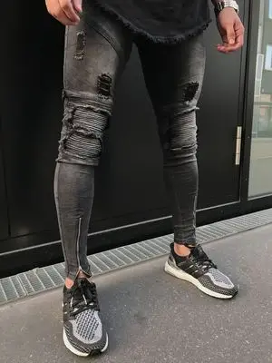 

DIAOOAID2018 new fashion street quality comfortable men's jeans pleated hole personality stretch Slim ankle zipper male trousers