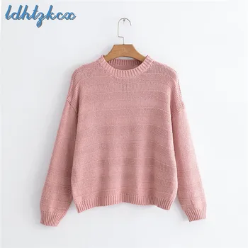 

Sweater Women Pink Knitted Sweaters 2018 Autumn Casual Korean Loose Winter Bottom Pullover Sweater Feminina CX510