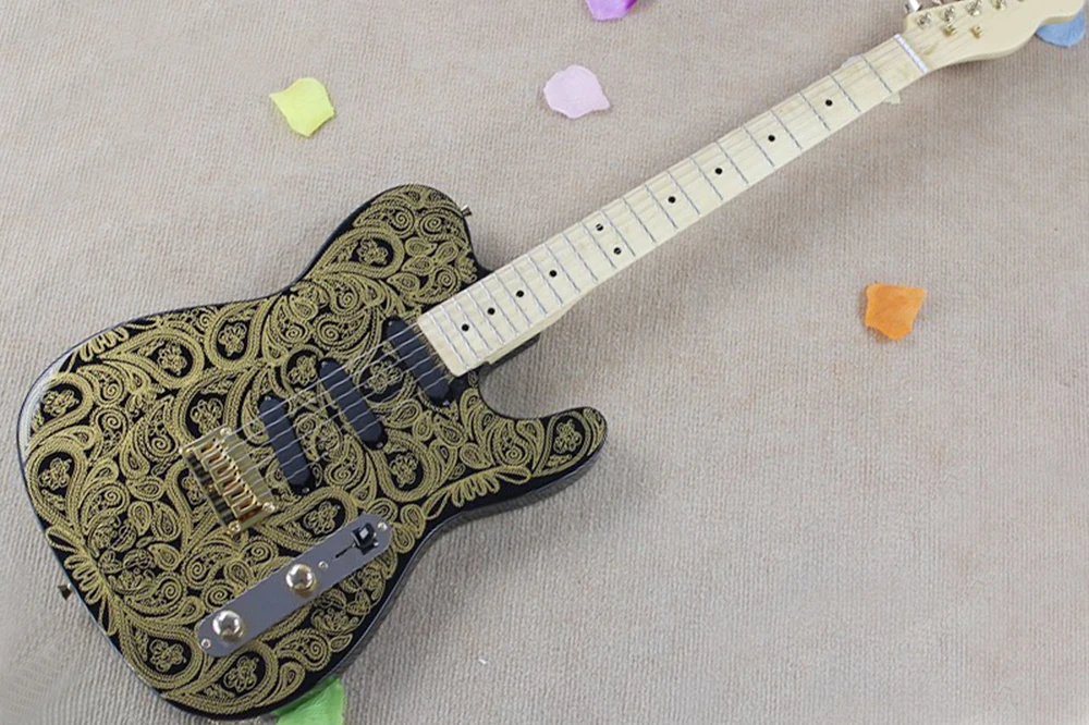 

Factory Black Electric Guitar with Green Flower pattern,Maple Fingerboard,Gold Hardwares,String-Thru-Body,Can be customized
