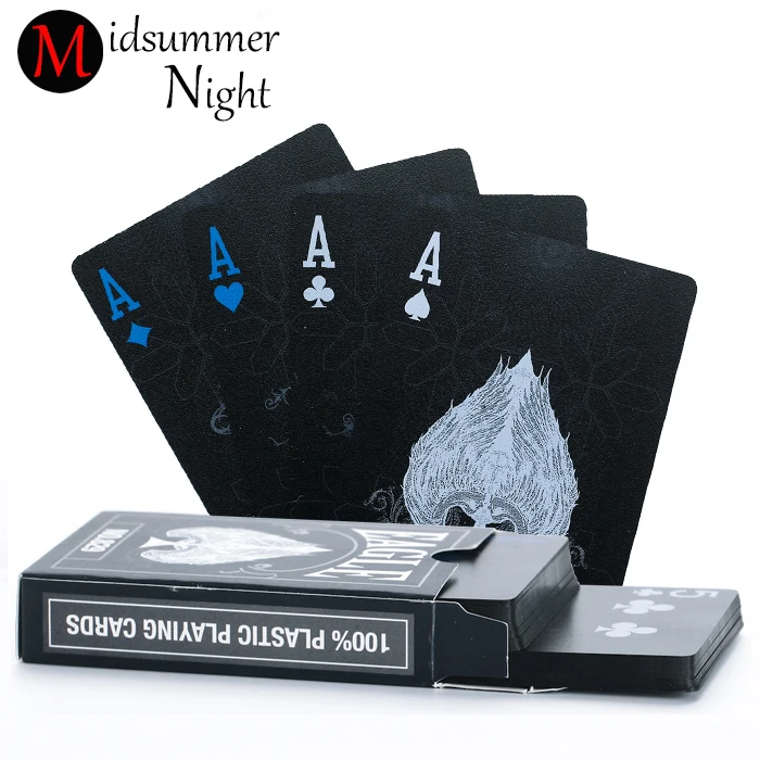 Goede 55 stks deck poker waterdicht plastic pvc speelkaarten set pure kleur zwart poker card sets klassieke goocheltrucs tool poker game