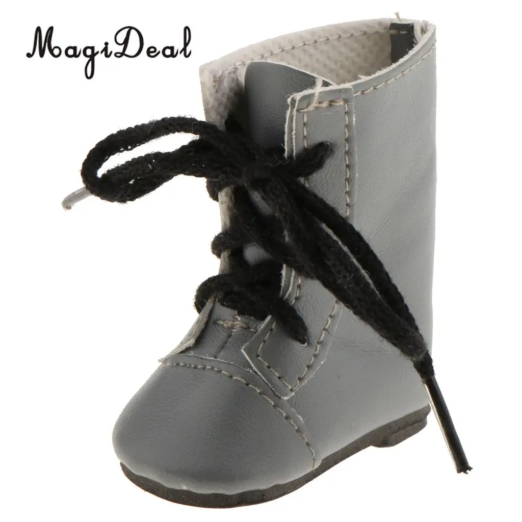 1Pair PU Leather Handmade Shoes Lace Up Combat Boots for 14 Inch   Doll Outdoor Indoor Clothing Accs