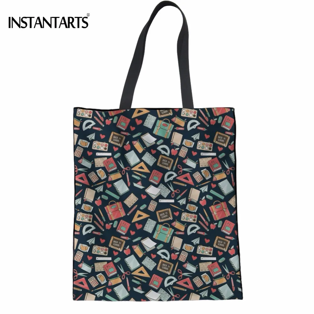 

INSTANTARTS Recycling Women Linen Shopping Bags Funny Teacher/Book Lovers Print Teen Girls Tote Bags Casual Supermarket Eco Bags