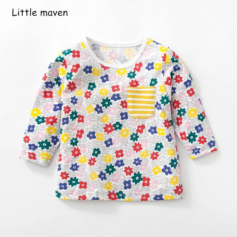 

Little maven children brand baby girl clothes 2018 new autumn girls tops cotton flower print striped pocket t shirt 51150