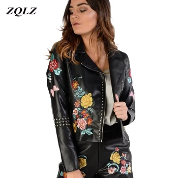 

ZQLZ Fashion Embroidery Flower Autumn Leather Jacket Female 2017 Slim Short Pu Faux Leather Coat Women Moto Outerwear