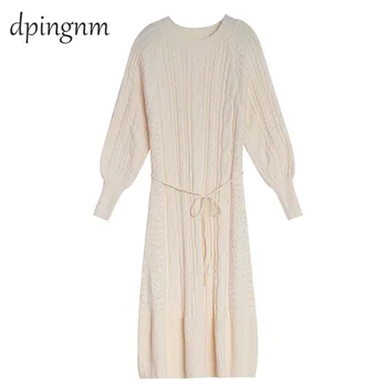 

New Fashion Women Knitted Pleated Dress Fall Winter Long Sleeve Thick Sweater Dress Casualo Neck Dress