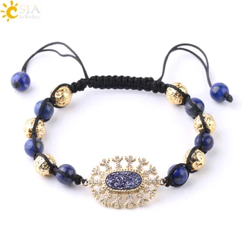 

CSJA Natural Stone Braided Rope Bracelet Gold Color Druzy Bead Zircon Strand Bracelets for Women Fashion Jewelry Adjustable F806