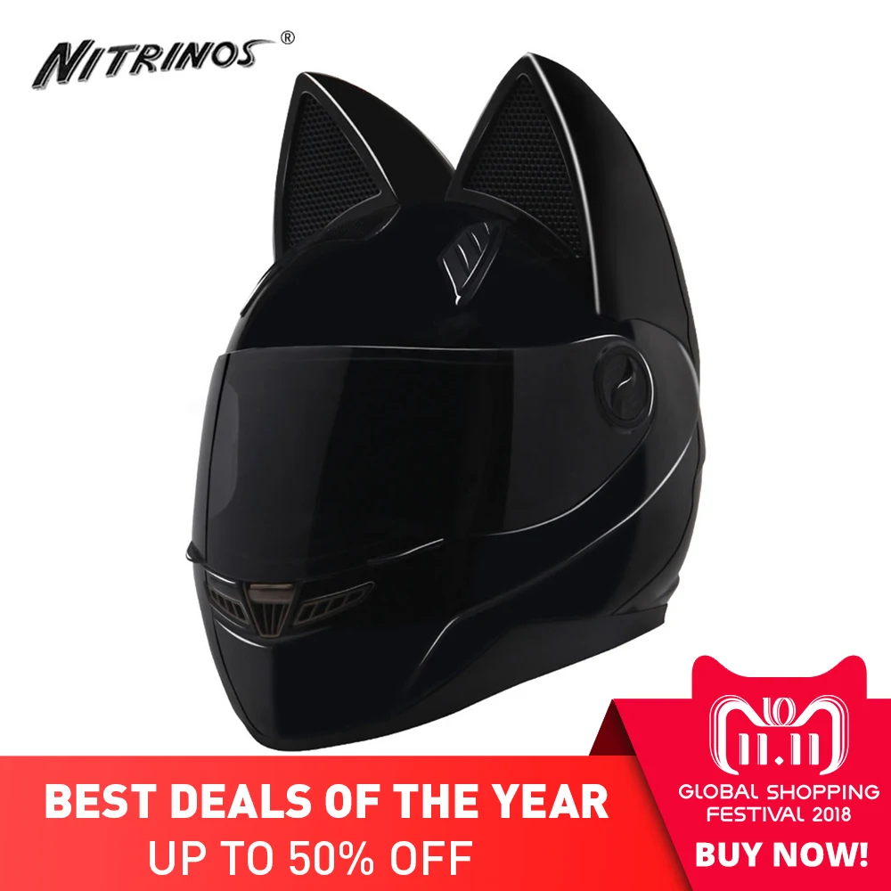 NITRINOS Black Motorcycle Helmet Women Capacete Moto Helmet Horns Cat
