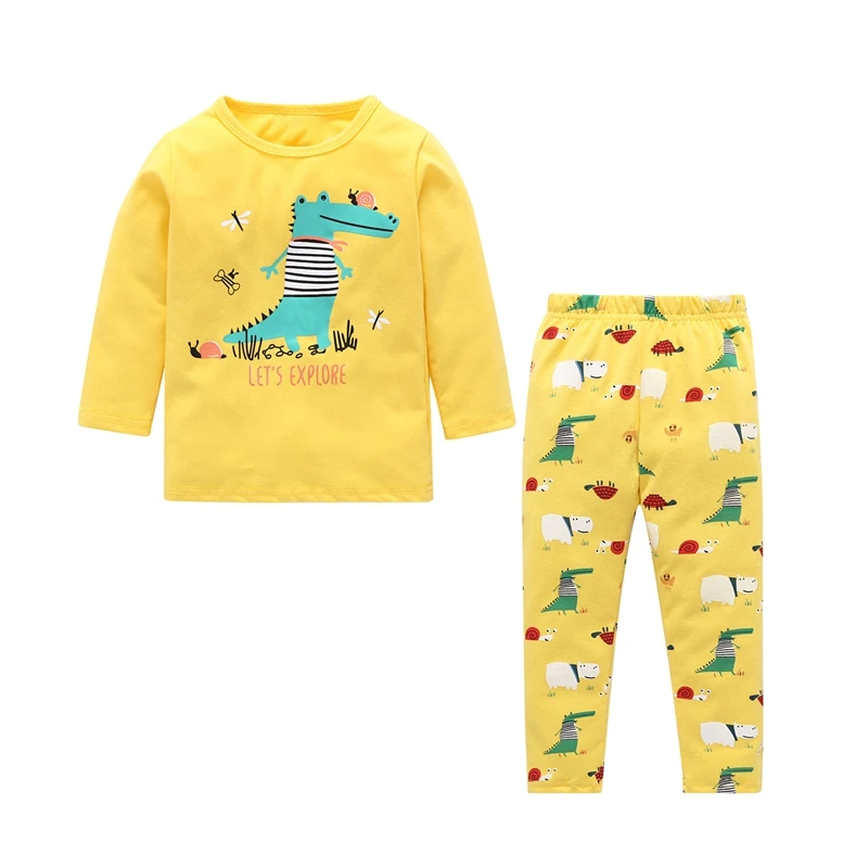 

New Children Boys Girls Dinosaur Print Sleepwear Sets Long Sleeve T Shirts Long Pants Cute Casual Homewear Cartoon Knitted Cot