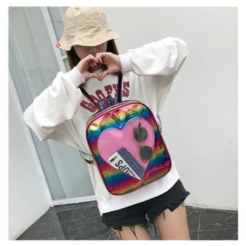 

Women's Girls PU Laser Backpack New Heart Printed Mini Rucksack Ladies' Fashionable Traveling Leather Handy School Bags Hot Sale