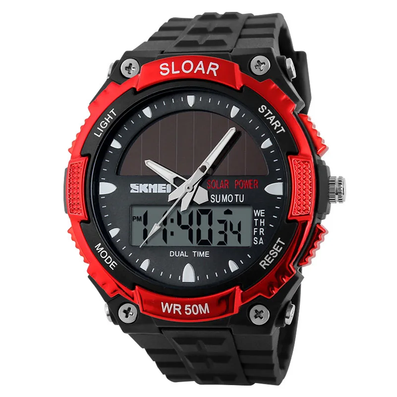 SKMEI Брендовые мужские спортивные часы с солнечной энергией, уличные военные светодиодный часы, модные цифровые кварцевые многофункциональные наручные часы 1049 - Цвет: Красный