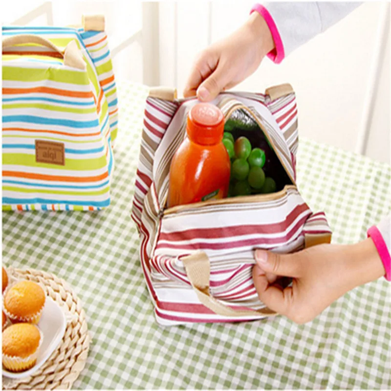 2017 Thermal Portable Insulated Canvas Lunch Bag Stripe Food Picnic