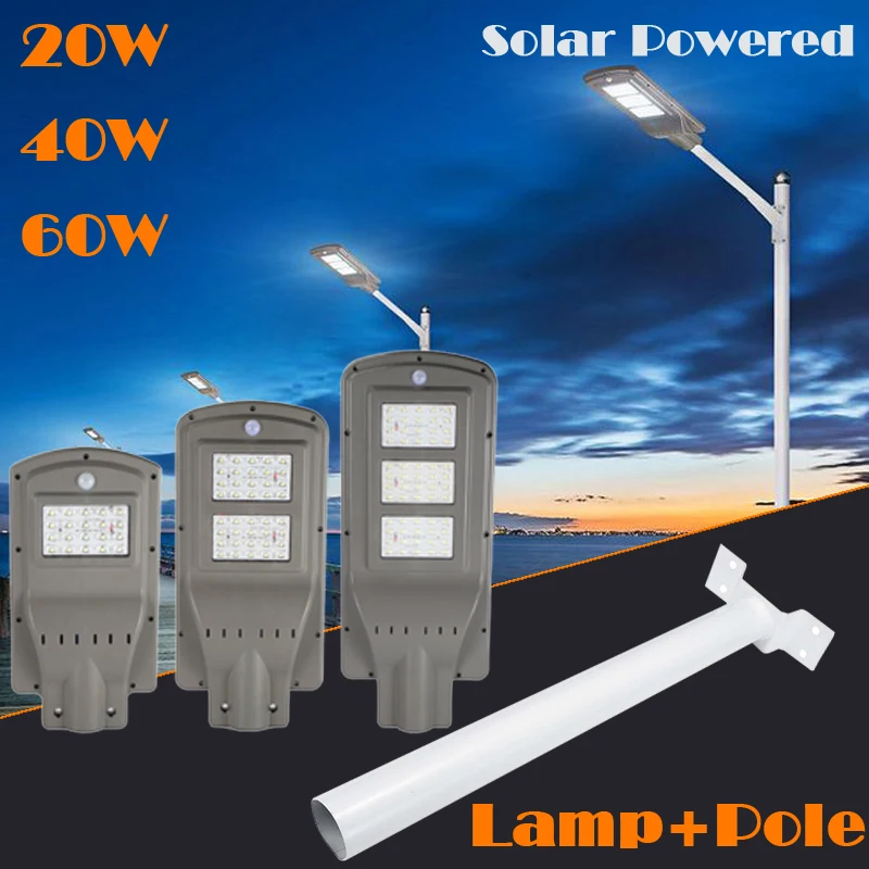 

20/40/60W Garden Park Road Path Waterproof Solar street light Outdoor LED Street Light Lamp IP65 white light+Street light pole