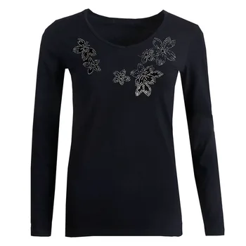 

BLINGSTORY V Neck Women's Autumn Tee Long Sleeve Plus Size Lady Bead T Shirt