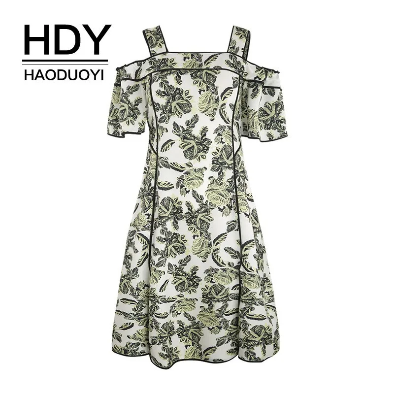

HDY Haoduoyi Femme Stylish Elegant Bohemian Slash Neck Short Sleeves Strap A-Line Slit Floral Graceful Middle Cami Dress