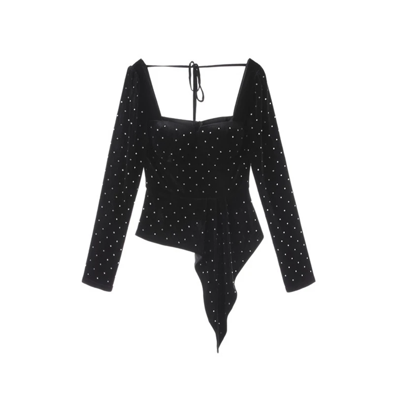 Backless Alta Crop Negro Otoño Vintage Collar Auto De Mujeres Primavera Nova Sexy Cuadrado Moda Diamantes Tops Retrato Las Calidad xSgqAnSZw