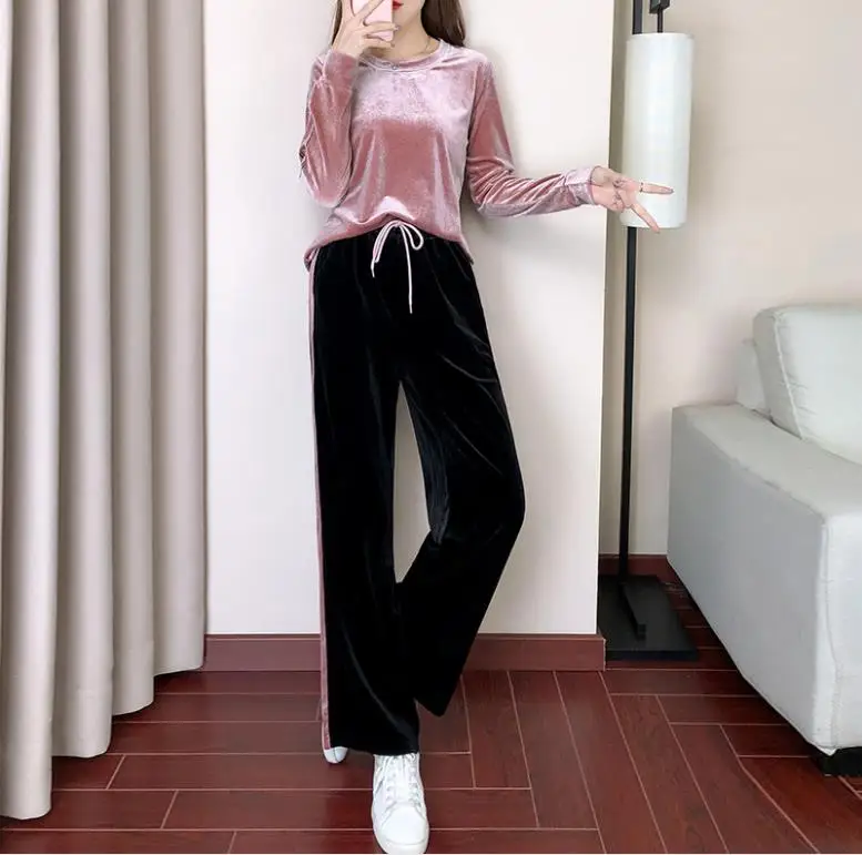 

Women's Sets two piece set Free shipping 2019 Autumn new fashion pink tracksuit women Koreantwo piece set top and pants clothes