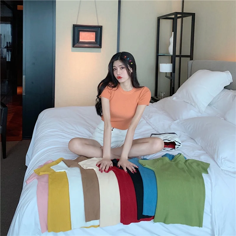 

2019 summer new Korean version of the O-neck Slim short thin solid color wild short-sleeved knitted bottoming shirt female