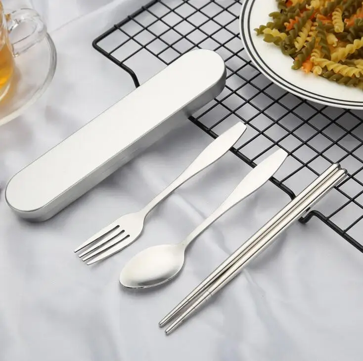 

High quality children tableware set portable travel flatware set supply chopsticks fork spoon cutlery set Tin box package