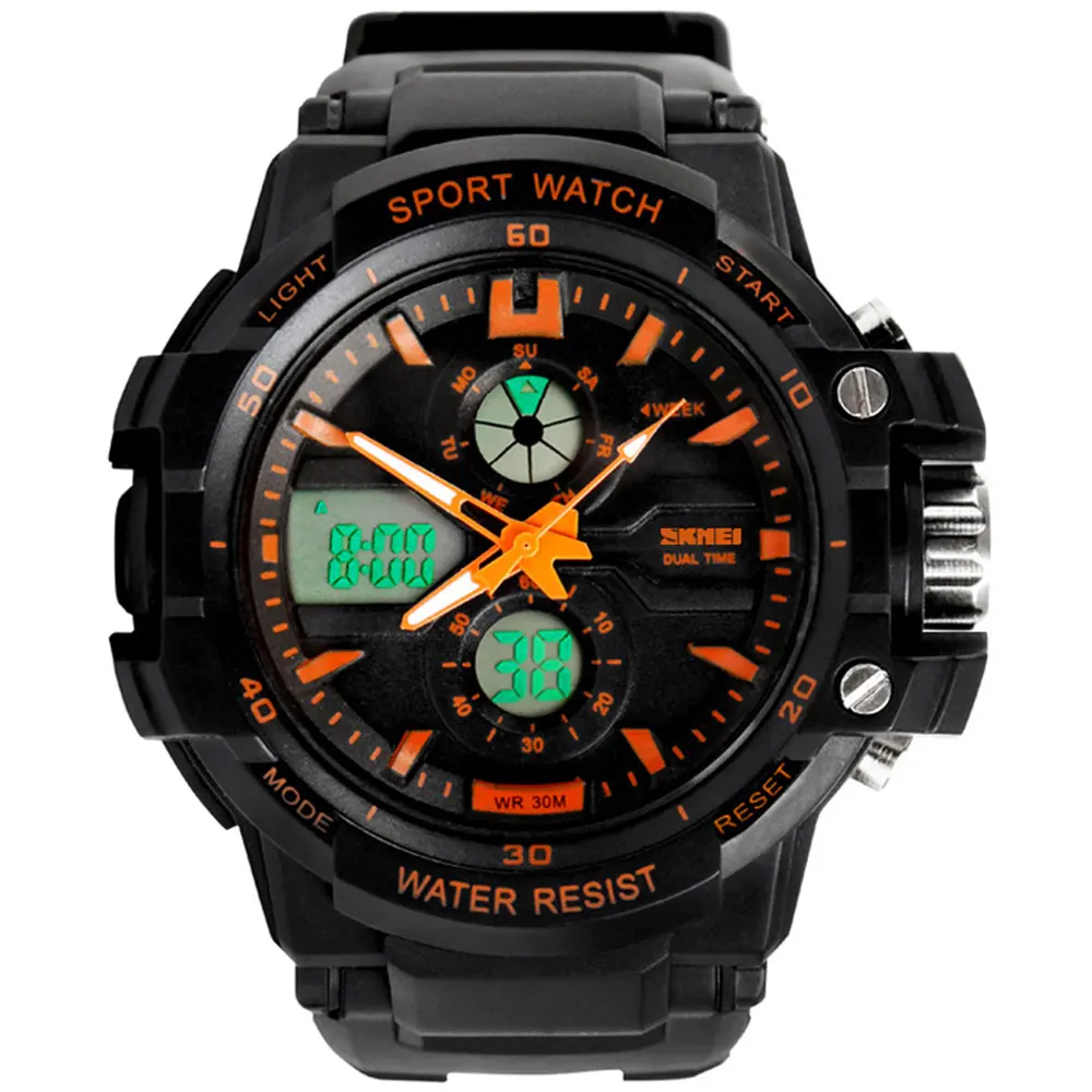SKMEI роскошные мужские цифровые часы Открытый водонепроницаемый светодиодный спортивный двойной дисплей наручные часы армейские военные часы будильник - Цвет: orange