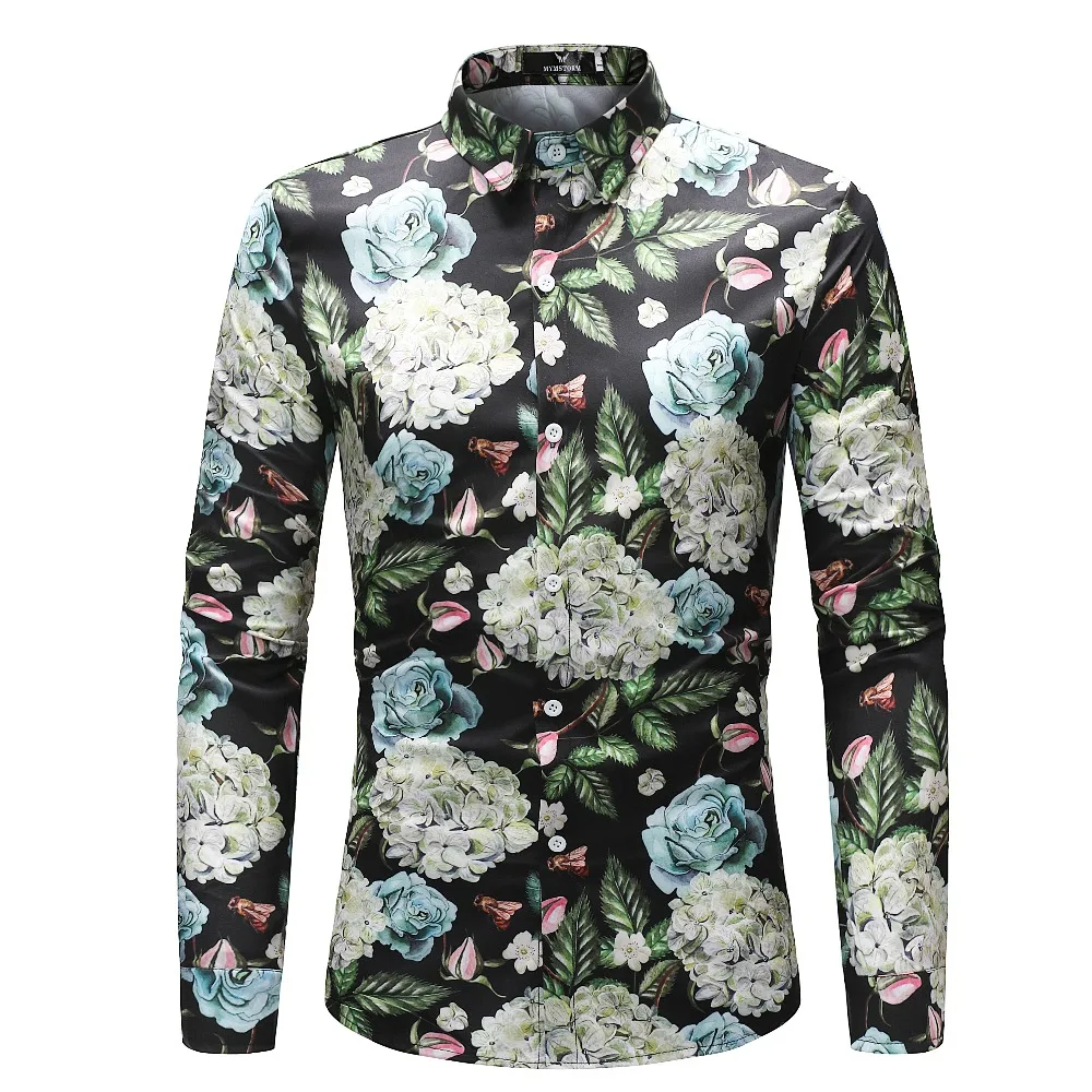 Men Flower Shirts Long Sleeve Shirts Slim Fit Men 3D Printed Shirts Spring Autumn Casual Hawaiian Shirts for Mens Clothing