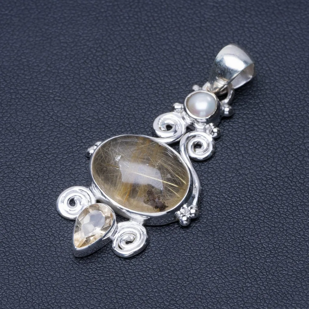 

Natural Golden Rutilated Quartz,River Pearl and Citrine Punk Style 925 Sterling Silver Pendant 2" Q0531