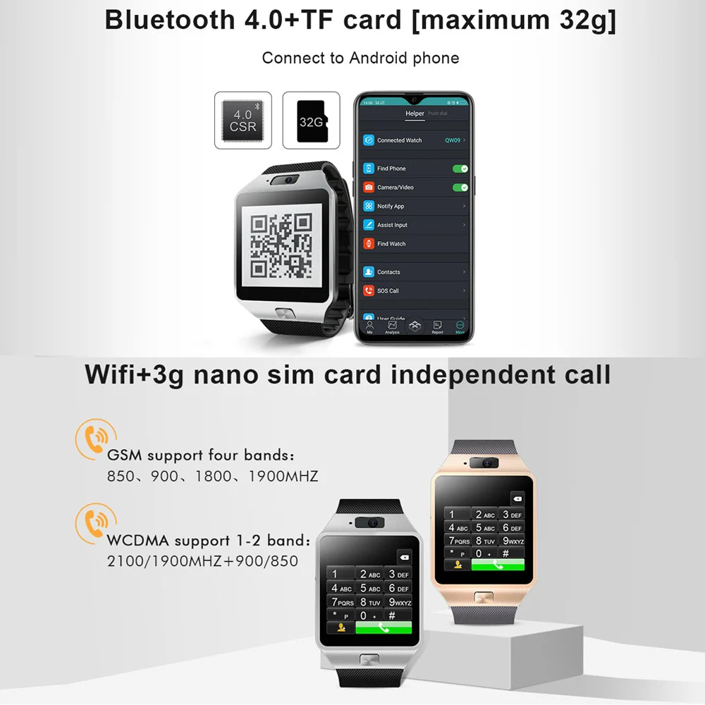 Bluetooth QW09 3G Smart Watch Phone Android 4.4 512MB 4GB Support WIFI Real-Pedometer SIM Card Call Smartwatch Men Women