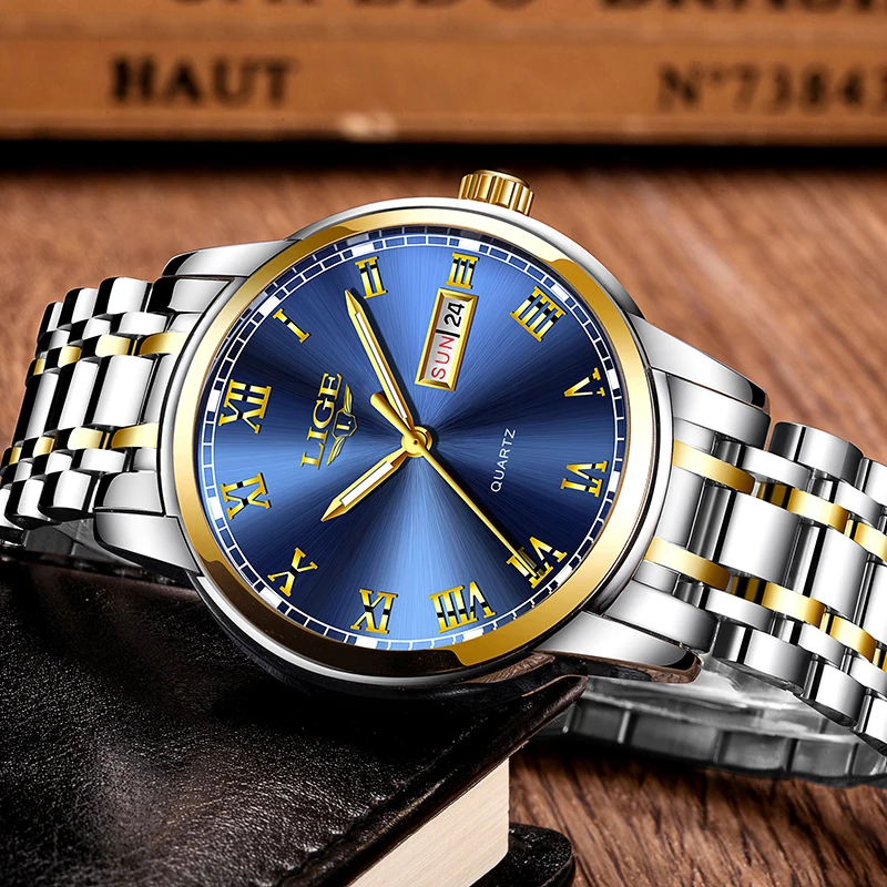 LIGE Couple Watch Gold Blue Watch Women Quartz Watches Ladies Top Brand Luxury Female WristWatch Girl Clock Relogio Feminino+Box