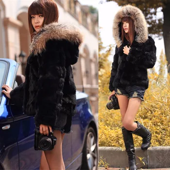 

Ethel Anderson Women's Genuine Natural Rabbit Fur Coat Coat With Fur Hood Raccoon Hood Trim