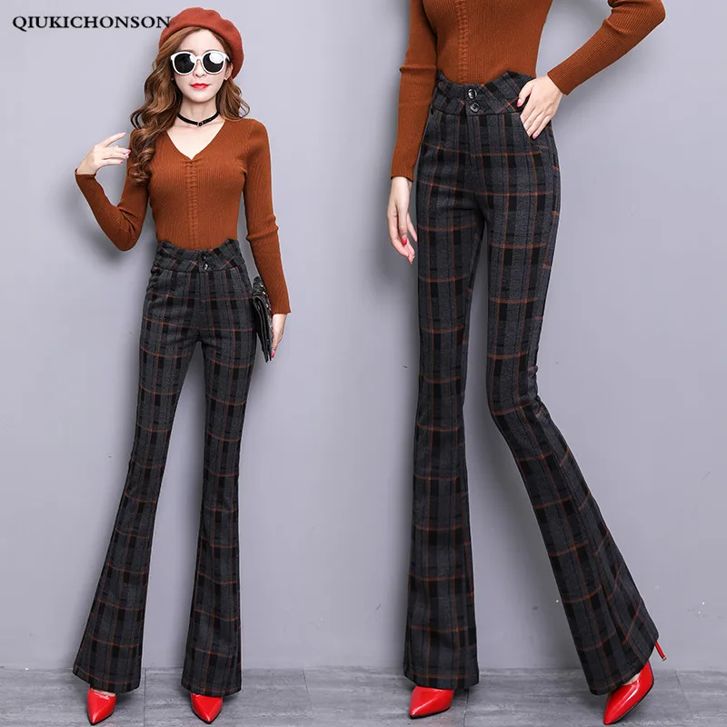 

Elegant Ladies Plaid Bell Bottom Pants Women Autumn Winter Vintage High Waist Long Pants Casual Slim Wool Flared Pants Trousers