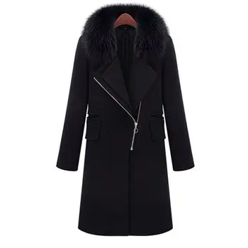 

Women Winter Faux Fur Collar Long Woolen Coat Female Clothing Fashion Slim Thick Blend Coat Lady Black Outwear Plus Size 3XL X5