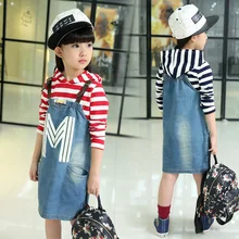 Summer Boys Clothing Sets New Design Baby Girl Striped Hooded Sweater And Letter Print Denim Dress Girl Blouse 2Pcs Set