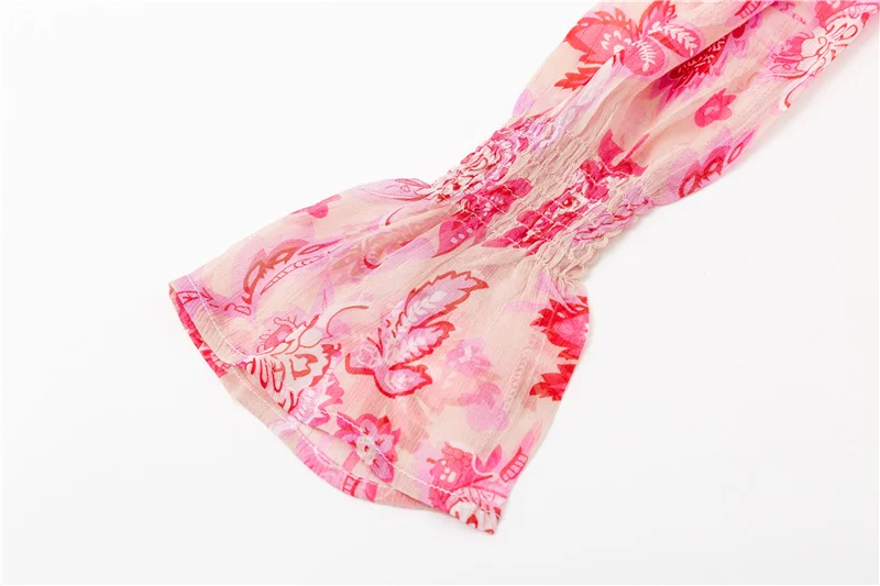 ShejoinSheenjoy Boho Floral Print Chiffon Blouse Flare Sleeve Autumn Stand Women Tops Pink Waist Bow Tie Ladies Casual Shirt (6)