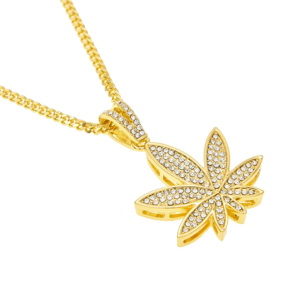 

Men's Gold color necklace with rhinestones marijuana leaf pendant necklace hip-hop Maple lasting color retention