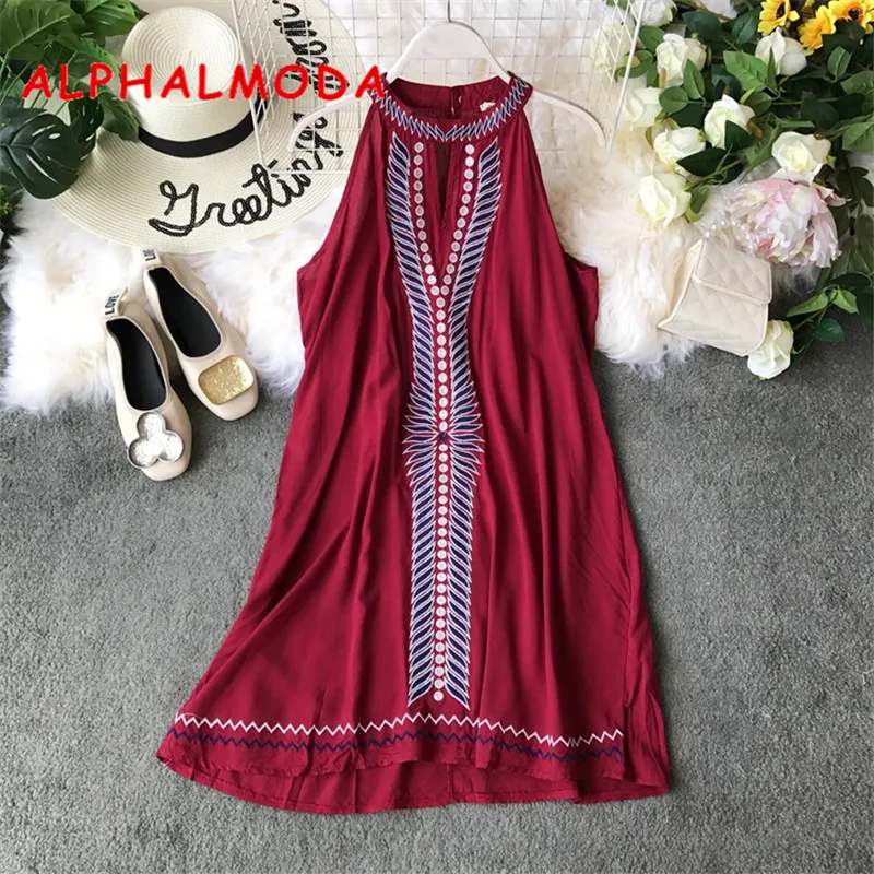 

ALPHALMODA Ethnic Style Embroidered Sleeveless Dress A-line Loose Women Summer Beach Casual Vestidos Holiday Trendy Outfit