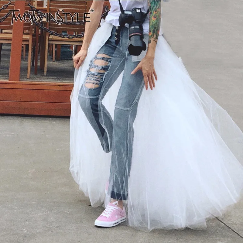 Женские джинсовые брюки карандаш TWOTWINSTYLE лоскутные винтажные с высокой талией