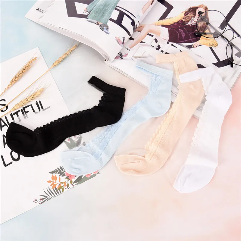 

Coolbeener Socks Women Meias Ultrathin Transparent Calcetines Beautiful Crystal Lace Elastic Short Socks