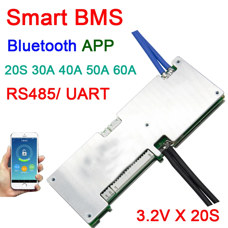 Умная плата защиты литиевой батареи 20S 60V 60A 30A Lifepo4 с системой bms Bluetooth APP UART монитор