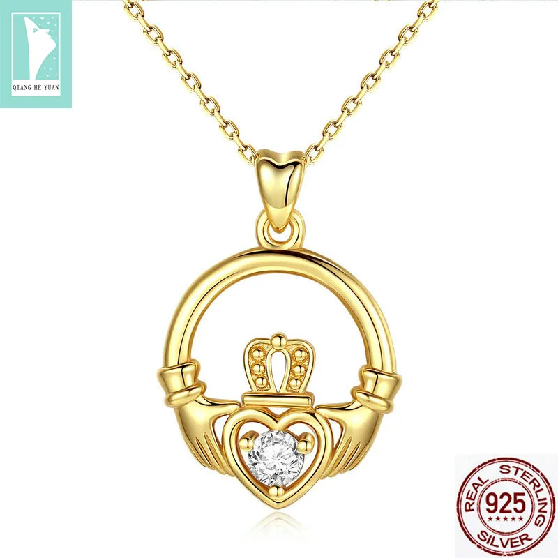 

925 silver friendship loyalty love claddagh necklace for women gold rhinestone heart gold necklace