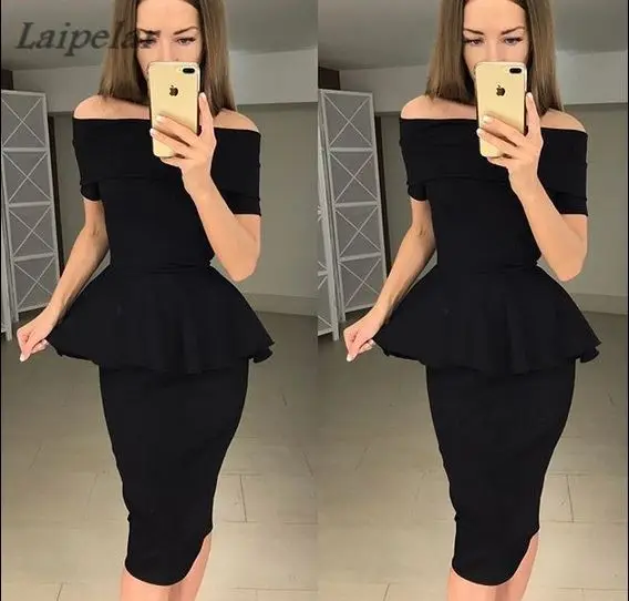 

Women Office 2 Pcs Suit Set Off Shoulder Short Sleeve Ruffles T-Shirt Top and Split Skirt Black Work Spring Midi Dress Vestidos