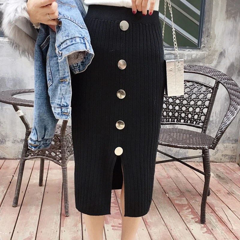 Autumn Winter Knitted Skirt Women Sexy Club Split Skirt High Waist Skirt Wild Long Black Knitted Fashion Casual Skirt Women