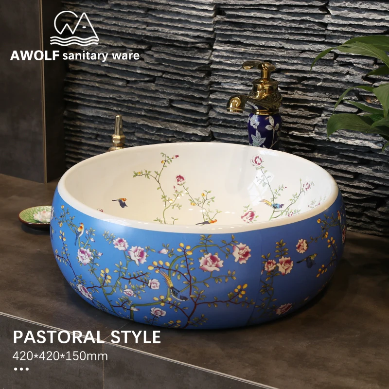 

Washing Basin Bathroom Sinks Ceramic Vessel Lavatory White Red Pink Blue Above Counter For Balcony Bathroom Pastoral Style AM838